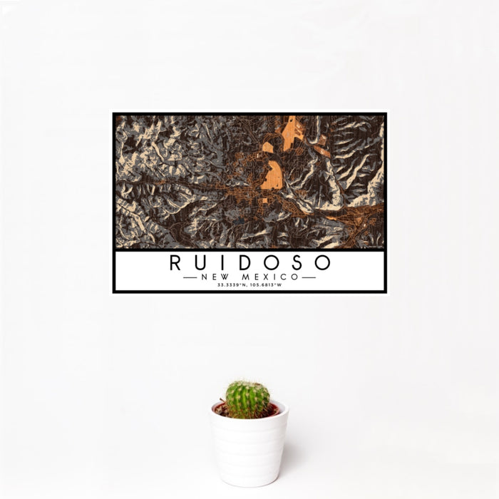 12x18 Ruidoso New Mexico Map Print Landscape Orientation in Ember Style With Small Cactus Plant in White Planter