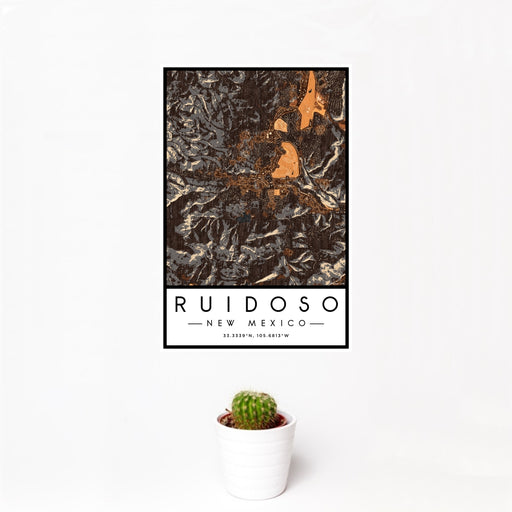 12x18 Ruidoso New Mexico Map Print Portrait Orientation in Ember Style With Small Cactus Plant in White Planter
