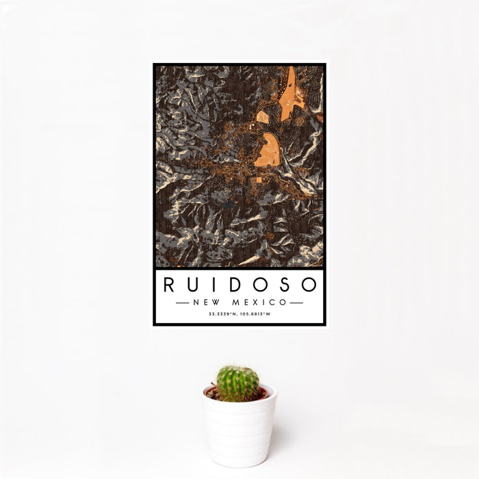 12x18 Ruidoso New Mexico Map Print Portrait Orientation in Ember Style With Small Cactus Plant in White Planter