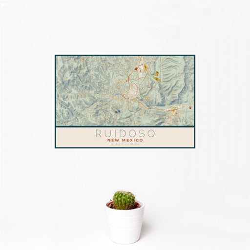 12x18 Ruidoso New Mexico Map Print Landscape Orientation in Woodblock Style With Small Cactus Plant in White Planter