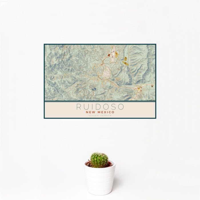 12x18 Ruidoso New Mexico Map Print Landscape Orientation in Woodblock Style With Small Cactus Plant in White Planter