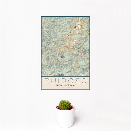 12x18 Ruidoso New Mexico Map Print Portrait Orientation in Woodblock Style With Small Cactus Plant in White Planter