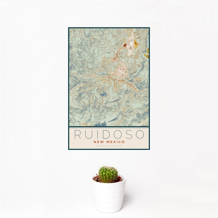 12x18 Ruidoso New Mexico Map Print Portrait Orientation in Woodblock Style With Small Cactus Plant in White Planter