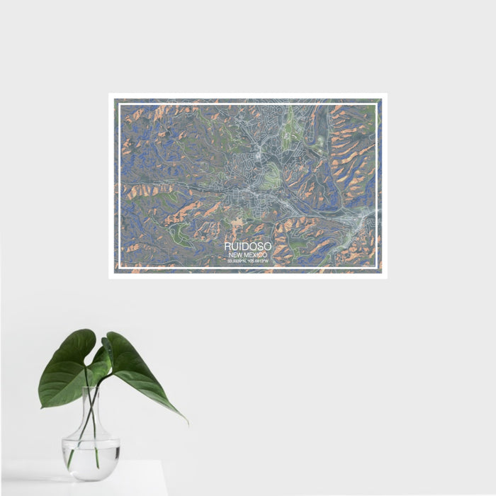 16x24 Ruidoso New Mexico Map Print Landscape Orientation in Afternoon Style With Tropical Plant Leaves in Water