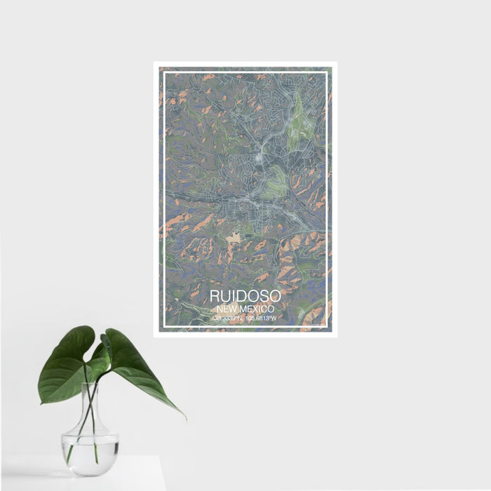 16x24 Ruidoso New Mexico Map Print Portrait Orientation in Afternoon Style With Tropical Plant Leaves in Water