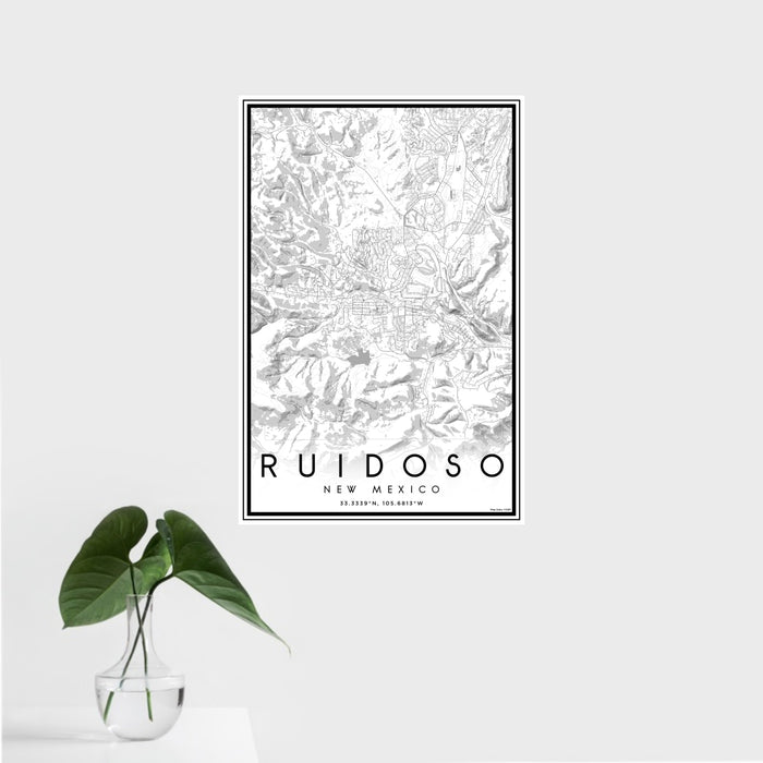 16x24 Ruidoso New Mexico Map Print Portrait Orientation in Classic Style With Tropical Plant Leaves in Water