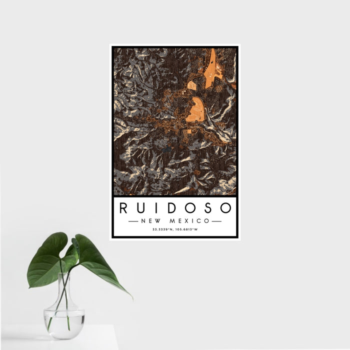 16x24 Ruidoso New Mexico Map Print Portrait Orientation in Ember Style With Tropical Plant Leaves in Water