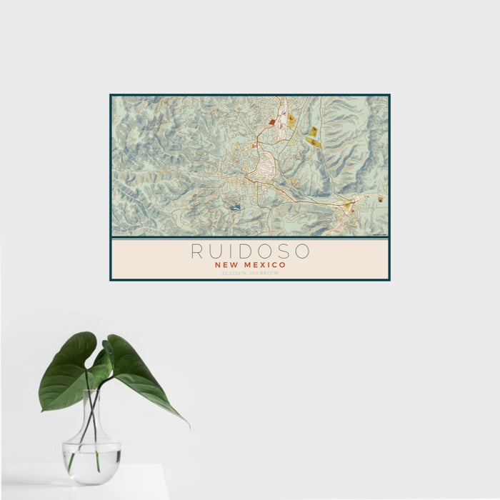 16x24 Ruidoso New Mexico Map Print Landscape Orientation in Woodblock Style With Tropical Plant Leaves in Water