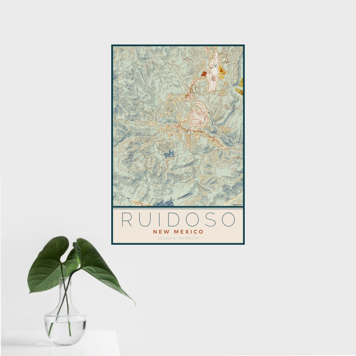 16x24 Ruidoso New Mexico Map Print Portrait Orientation in Woodblock Style With Tropical Plant Leaves in Water
