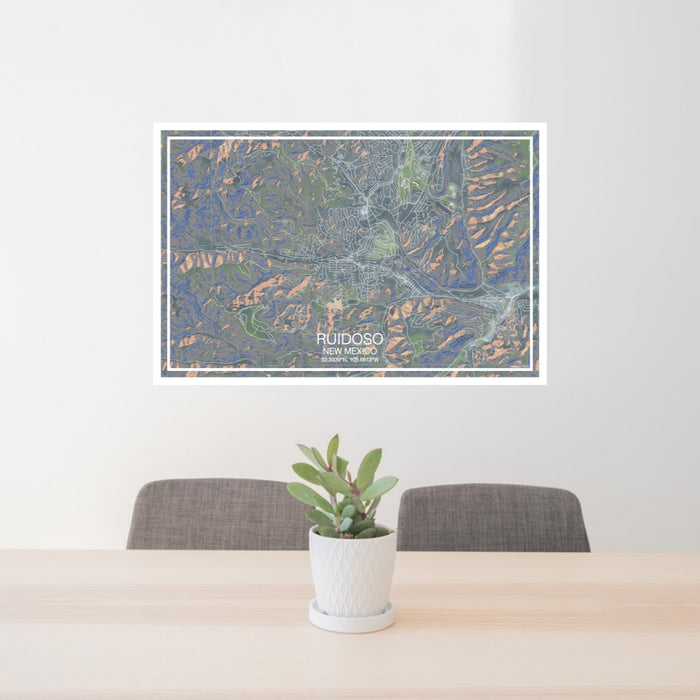 24x36 Ruidoso New Mexico Map Print Landscape Orientation in Afternoon Style Behind 2 Chairs Table and Potted Plant