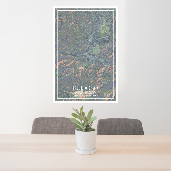 24x36 Ruidoso New Mexico Map Print Portrait Orientation in Afternoon Style Behind 2 Chairs Table and Potted Plant