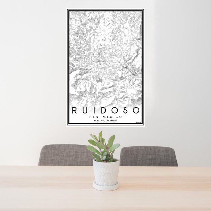 24x36 Ruidoso New Mexico Map Print Portrait Orientation in Classic Style Behind 2 Chairs Table and Potted Plant