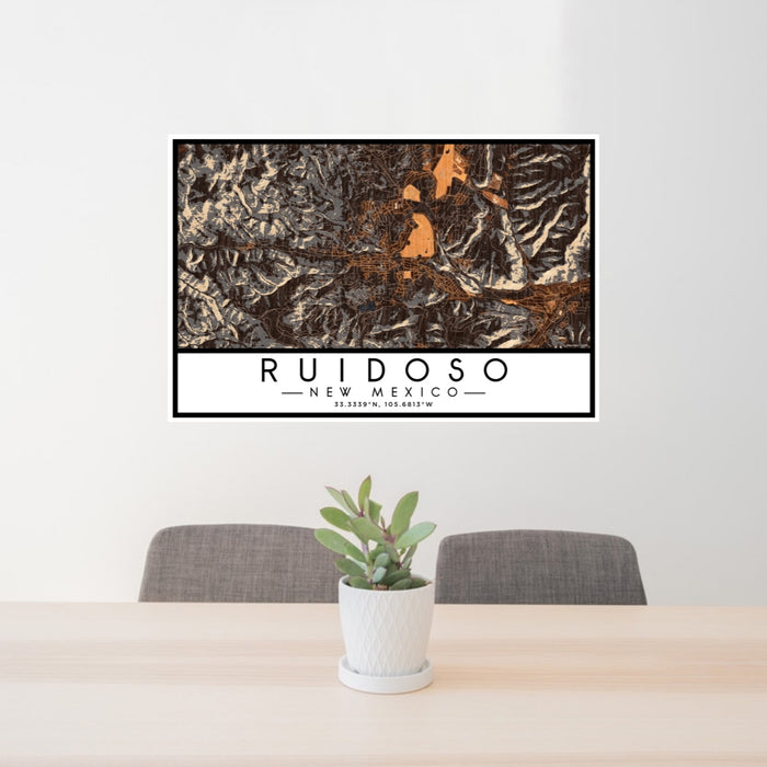 24x36 Ruidoso New Mexico Map Print Landscape Orientation in Ember Style Behind 2 Chairs Table and Potted Plant