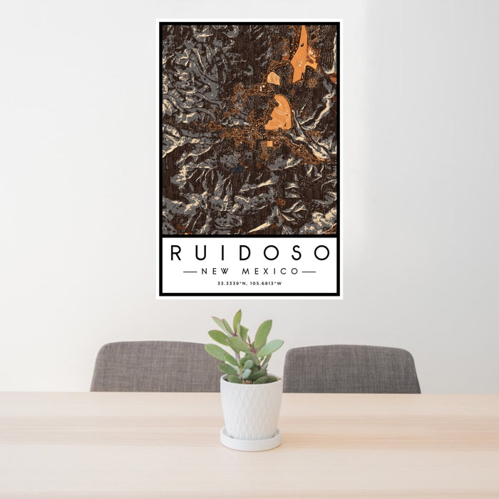 24x36 Ruidoso New Mexico Map Print Portrait Orientation in Ember Style Behind 2 Chairs Table and Potted Plant