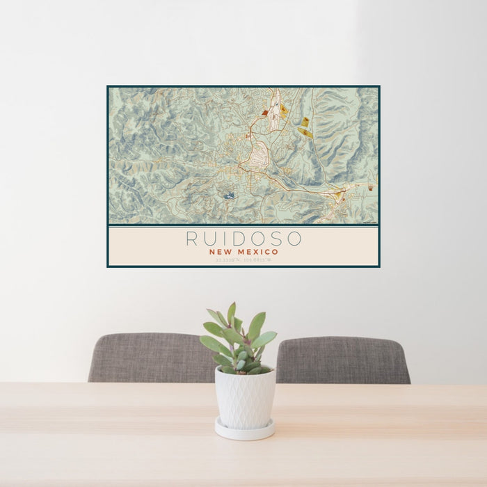 24x36 Ruidoso New Mexico Map Print Landscape Orientation in Woodblock Style Behind 2 Chairs Table and Potted Plant