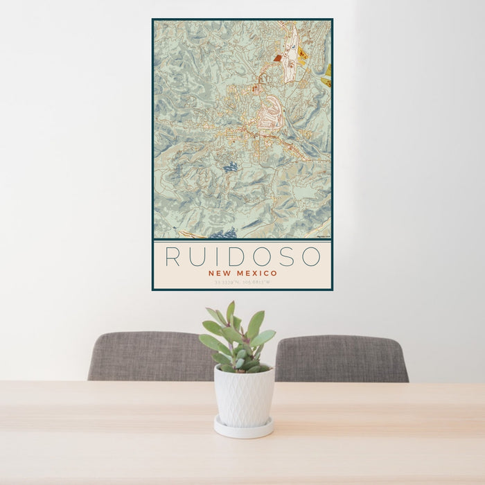 24x36 Ruidoso New Mexico Map Print Portrait Orientation in Woodblock Style Behind 2 Chairs Table and Potted Plant