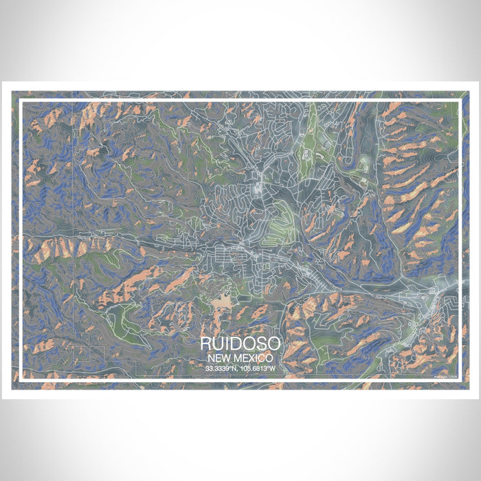 Ruidoso New Mexico Map Print Landscape Orientation in Afternoon Style With Shaded Background