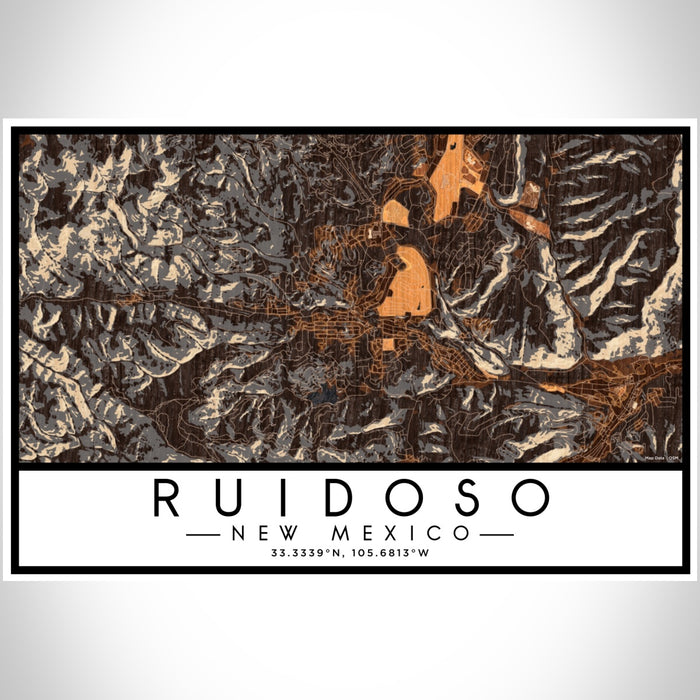 Ruidoso New Mexico Map Print Landscape Orientation in Ember Style With Shaded Background