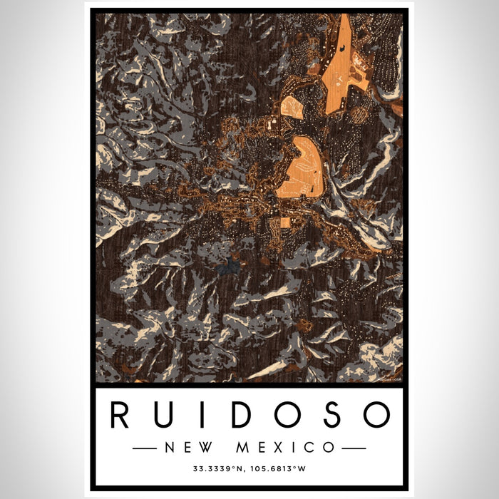 Ruidoso New Mexico Map Print Portrait Orientation in Ember Style With Shaded Background
