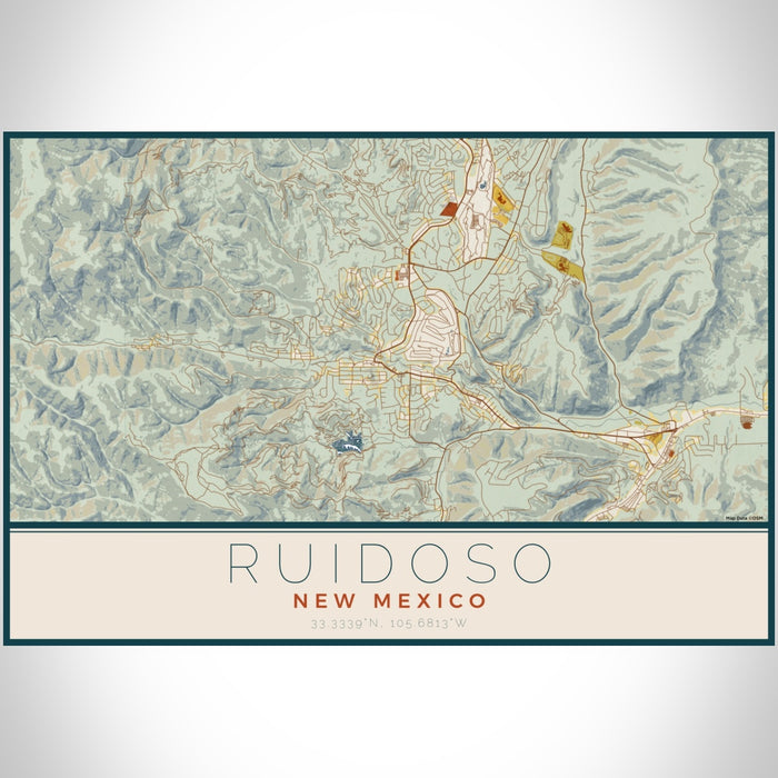 Ruidoso New Mexico Map Print Landscape Orientation in Woodblock Style With Shaded Background