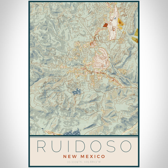 Ruidoso New Mexico Map Print Portrait Orientation in Woodblock Style With Shaded Background