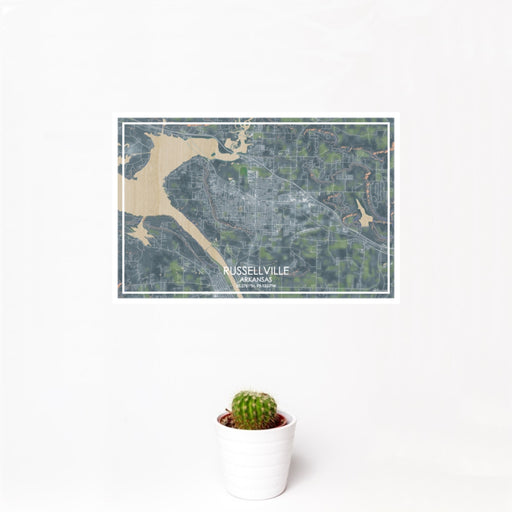 12x18 Russellville Arkansas Map Print Landscape Orientation in Afternoon Style With Small Cactus Plant in White Planter