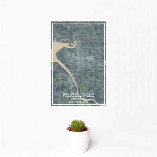 12x18 Russellville Arkansas Map Print Portrait Orientation in Afternoon Style With Small Cactus Plant in White Planter