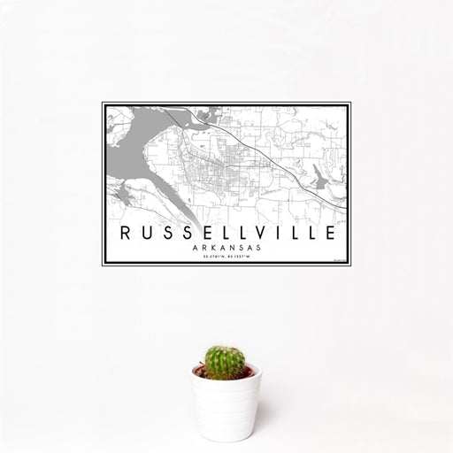 12x18 Russellville Arkansas Map Print Landscape Orientation in Classic Style With Small Cactus Plant in White Planter
