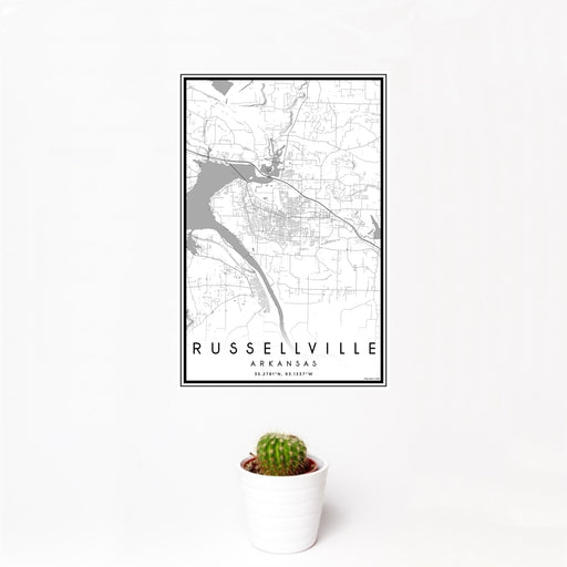 12x18 Russellville Arkansas Map Print Portrait Orientation in Classic Style With Small Cactus Plant in White Planter