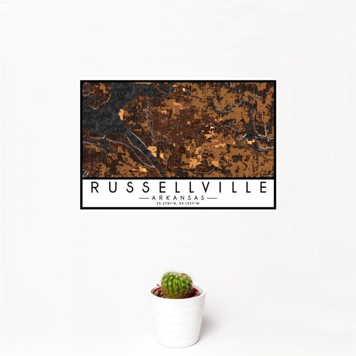 12x18 Russellville Arkansas Map Print Landscape Orientation in Ember Style With Small Cactus Plant in White Planter