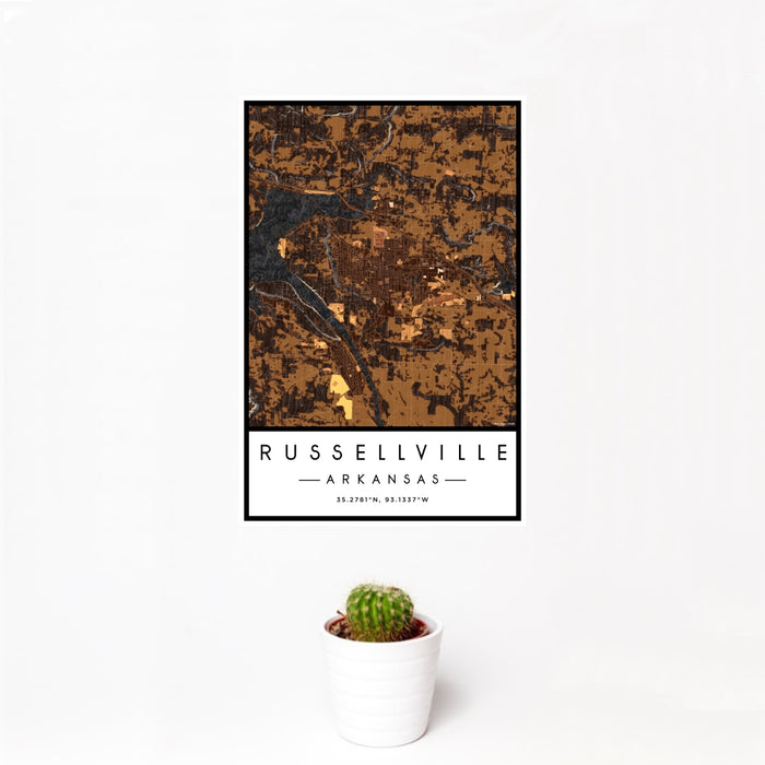 12x18 Russellville Arkansas Map Print Portrait Orientation in Ember Style With Small Cactus Plant in White Planter