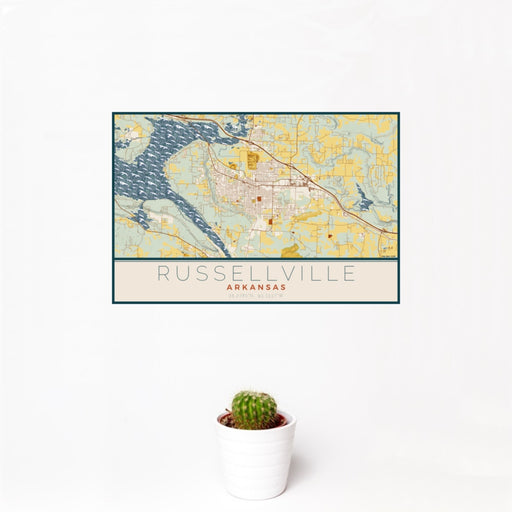 12x18 Russellville Arkansas Map Print Landscape Orientation in Woodblock Style With Small Cactus Plant in White Planter