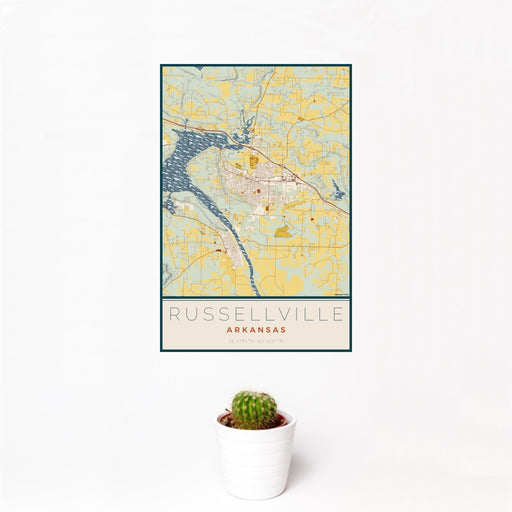 12x18 Russellville Arkansas Map Print Portrait Orientation in Woodblock Style With Small Cactus Plant in White Planter