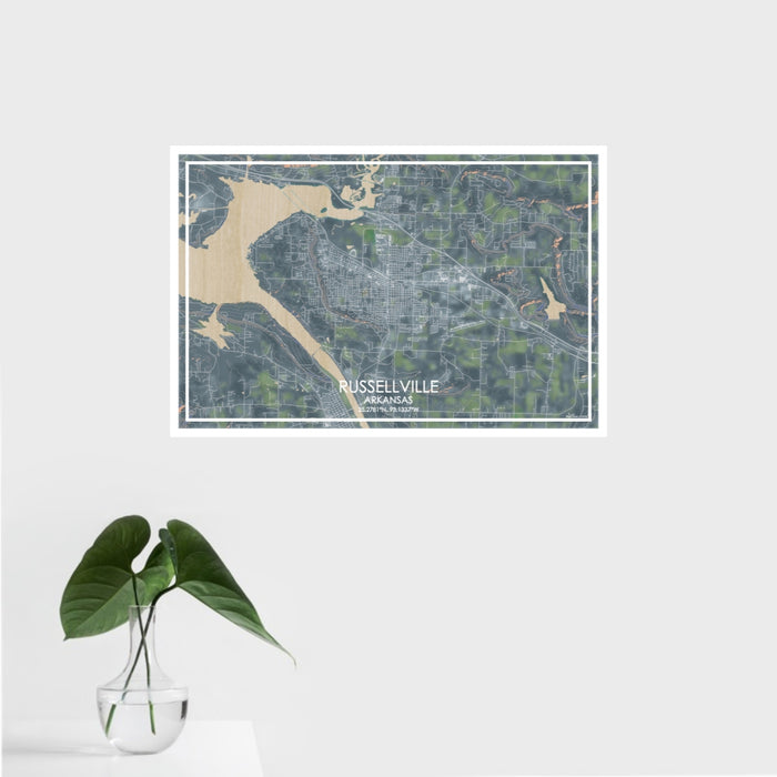16x24 Russellville Arkansas Map Print Landscape Orientation in Afternoon Style With Tropical Plant Leaves in Water