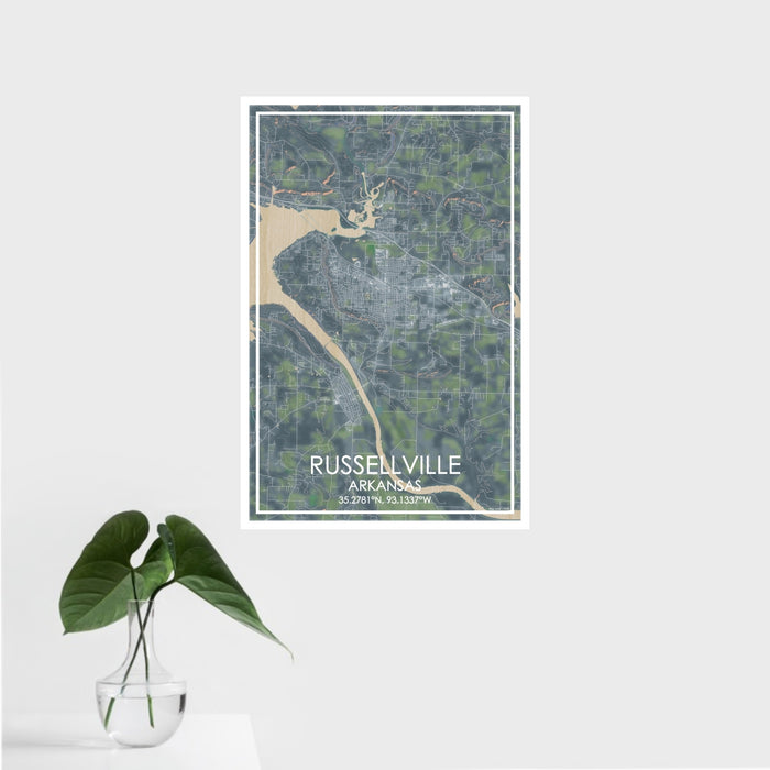 16x24 Russellville Arkansas Map Print Portrait Orientation in Afternoon Style With Tropical Plant Leaves in Water