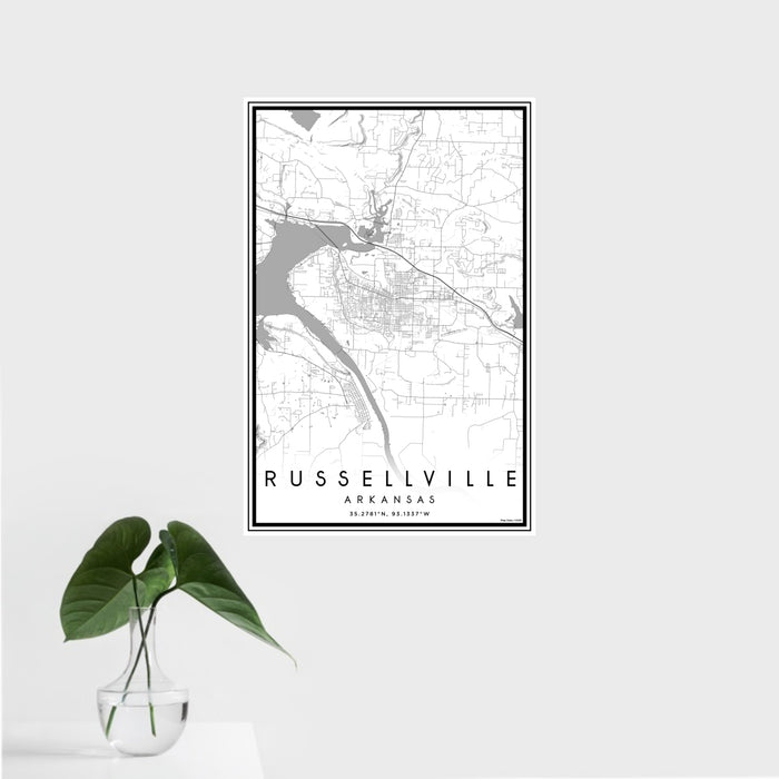 16x24 Russellville Arkansas Map Print Portrait Orientation in Classic Style With Tropical Plant Leaves in Water