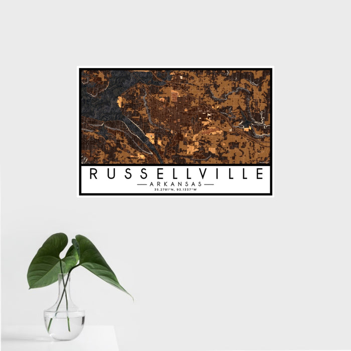 16x24 Russellville Arkansas Map Print Landscape Orientation in Ember Style With Tropical Plant Leaves in Water