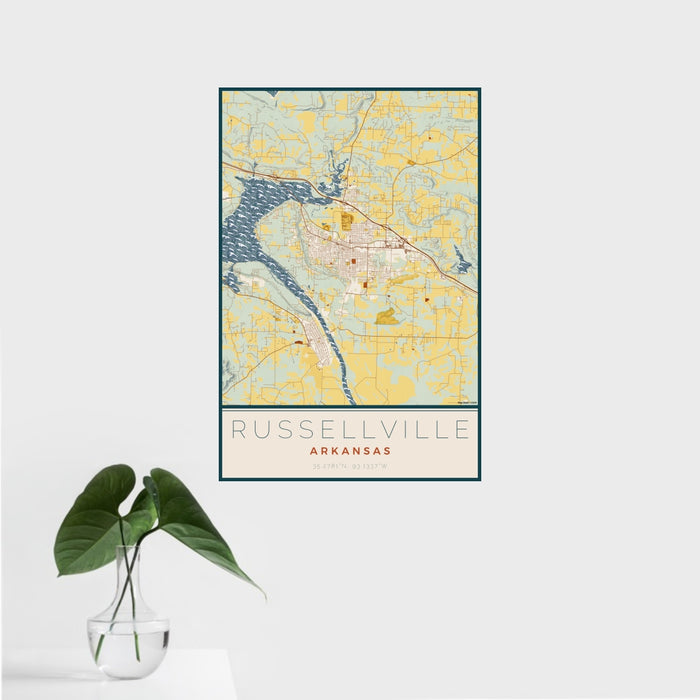 16x24 Russellville Arkansas Map Print Portrait Orientation in Woodblock Style With Tropical Plant Leaves in Water
