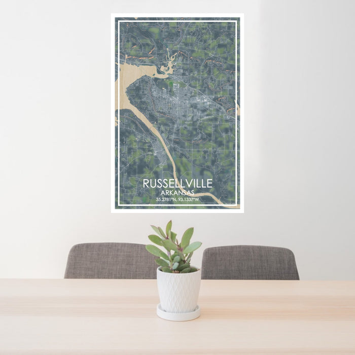 24x36 Russellville Arkansas Map Print Portrait Orientation in Afternoon Style Behind 2 Chairs Table and Potted Plant