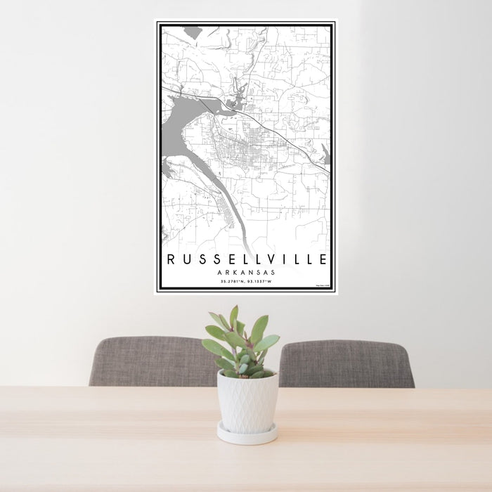 24x36 Russellville Arkansas Map Print Portrait Orientation in Classic Style Behind 2 Chairs Table and Potted Plant