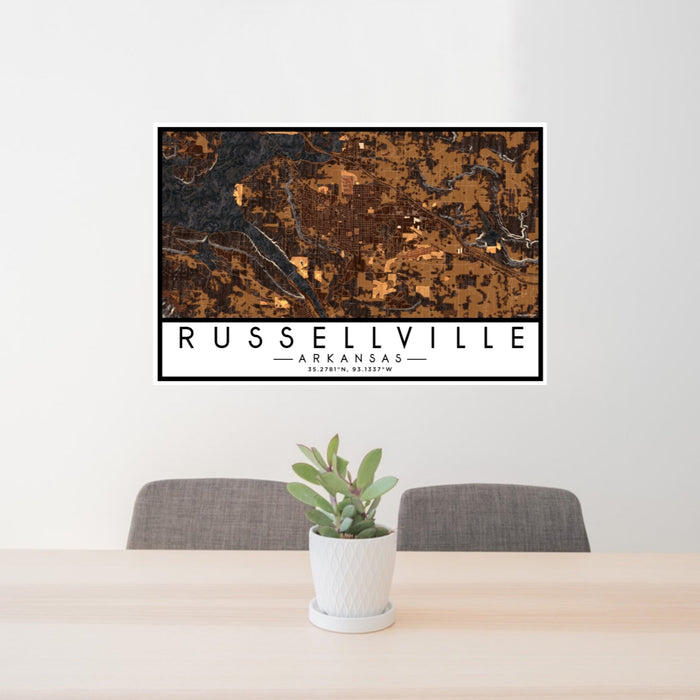 24x36 Russellville Arkansas Map Print Lanscape Orientation in Ember Style Behind 2 Chairs Table and Potted Plant