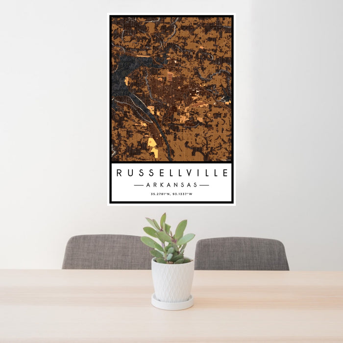 24x36 Russellville Arkansas Map Print Portrait Orientation in Ember Style Behind 2 Chairs Table and Potted Plant