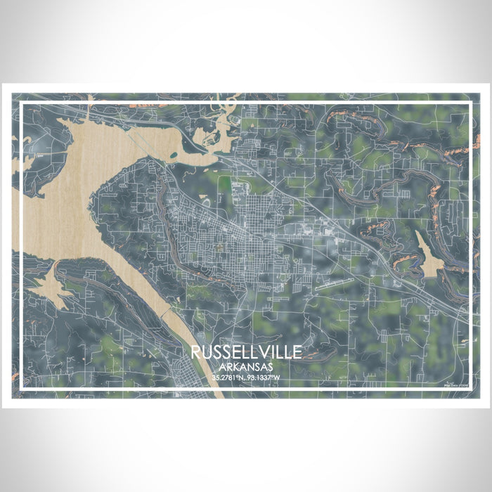 Russellville Arkansas Map Print Landscape Orientation in Afternoon Style With Shaded Background