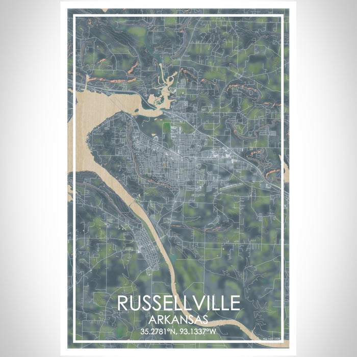 Russellville Arkansas Map Print Portrait Orientation in Afternoon Style With Shaded Background