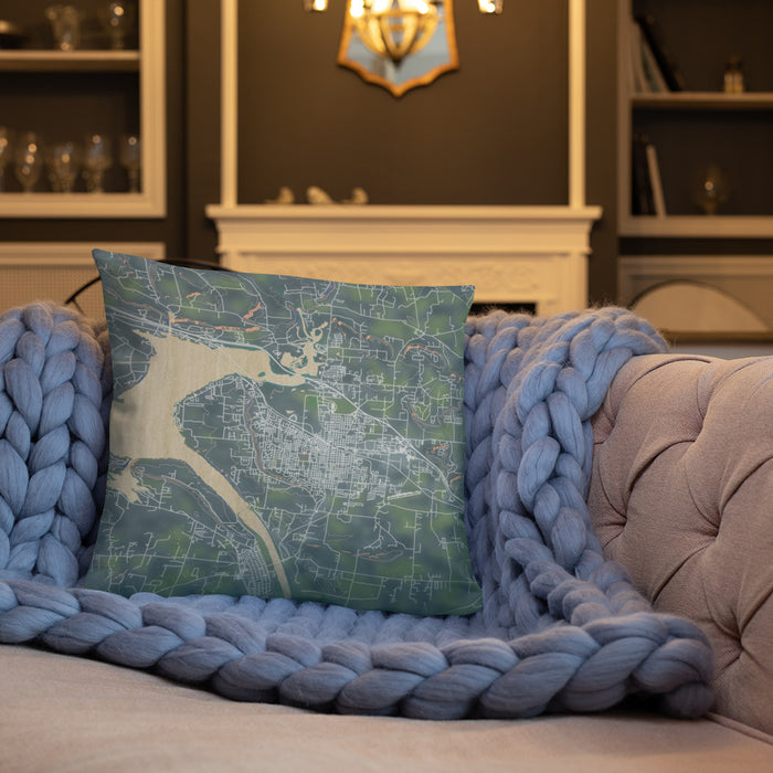 Custom Russellville Arkansas Map Throw Pillow in Afternoon on Cream Colored Couch