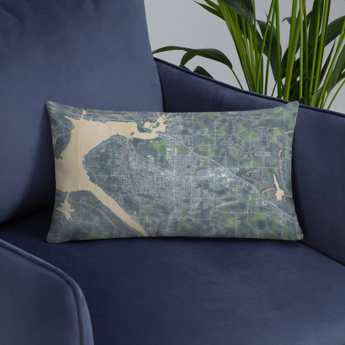 Custom Russellville Arkansas Map Throw Pillow in Afternoon on Blue Colored Chair