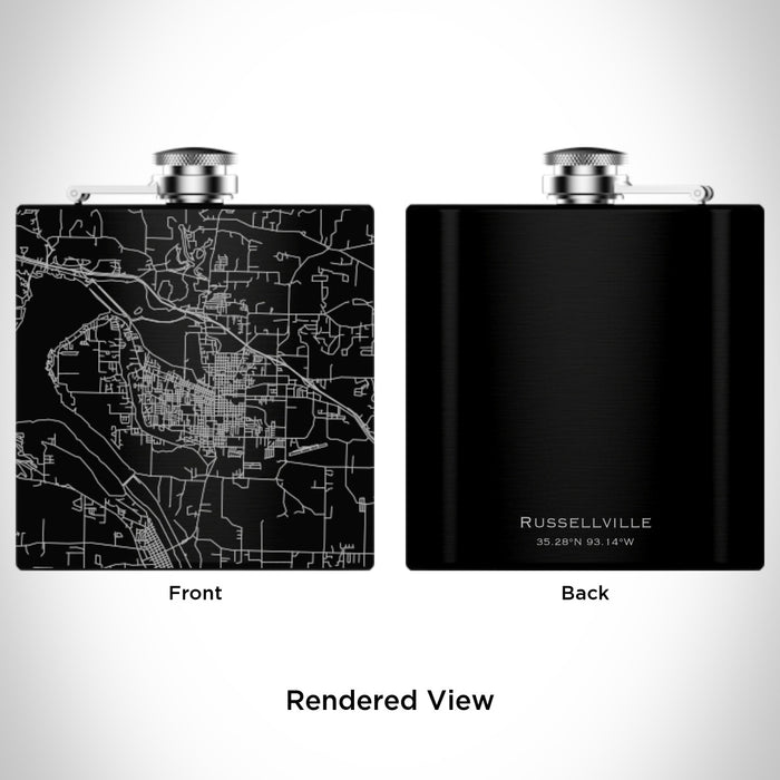 Rendered View of Russellville Arkansas Map Engraving on 6oz Stainless Steel Flask in Black