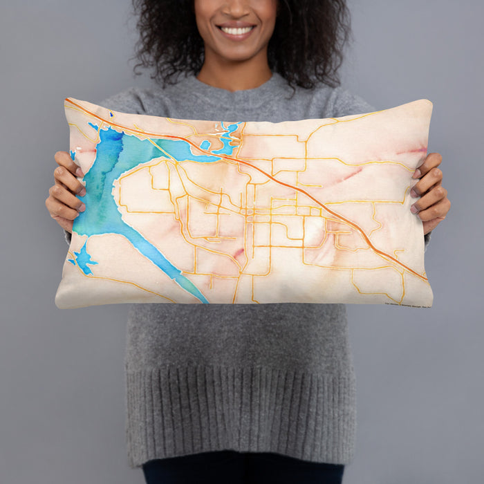 Person holding 20x12 Custom Russellville Arkansas Map Throw Pillow in Watercolor