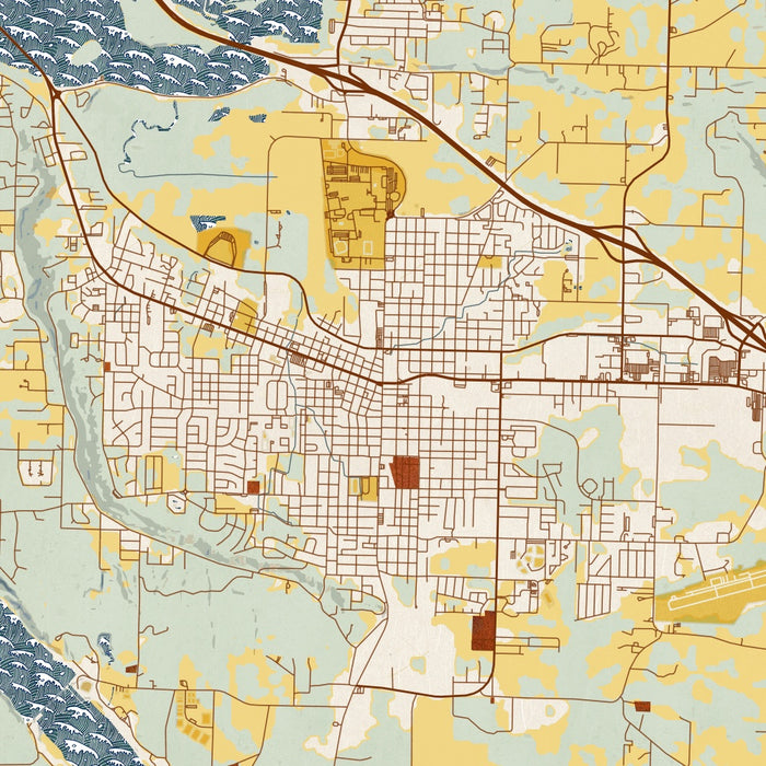 Russellville Arkansas Map Print in Woodblock Style Zoomed In Close Up Showing Details