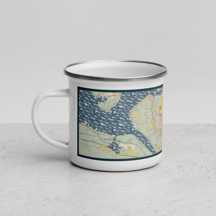 Left View Custom Russellville Arkansas Map Enamel Mug in Woodblock